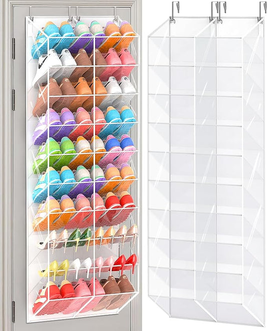 20-30 Pairs Over the Door Shoe Organizer, Transparent PVC Hanging Shoe Rack for Closet, 10-Tier Door Shoes Storage, Crystal-Clear Visibility Fit All the Family's Sneakers, Boots, Heels, White Frame
