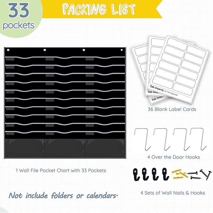 33 Pockets Hanging Wall File Organizer for Legal/ Letter Size Paper, Over the Door Organizer, 47½" x 45½" Pocket Chart for Classroom, Office, Warehouse, Home Use with 36 Name Tags & 8 Hooks
