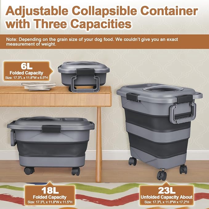 Dog Food Storage Container，2 Pack 25 lbs Airtight Collapsible Cat Food Storage Container with Attachable Wheels, Portable Handle, Dog Food Scoop for Dog Cat Bird Pet Dry Food Storage Bin Large