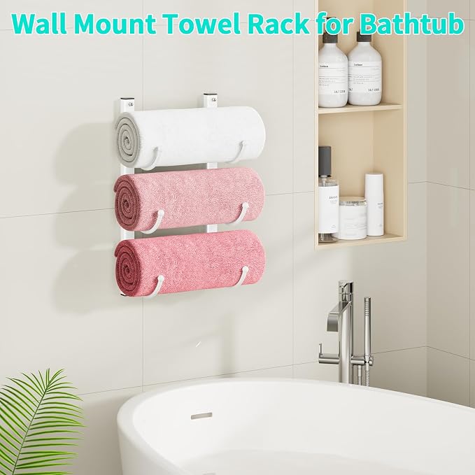 HapiRm Rolled Towel Racks for Bathroom - 3-Tier Over The Door & Wall Mounted Bathroom Towel Storage, Hanging Metal Organizer for Towels & Bath Sheets, Space Saving Rack for Bathroom, Camper, RV, White