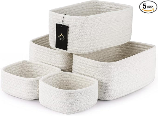 5-Pack Small Woven Rope Storage Baskets, 2 Sizes Organizer Bins | Fabric Cube Boxes and Rectangular Shallow Bins for Closet, Shelf, Bookshelf, Nursery, Changing Table, Bathroom, Toys & Home