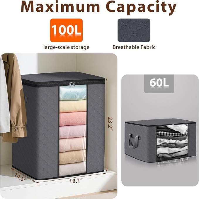 SpaceWhisper 4 Pack 100L Clothes Storage, Foldable Thick Fabric Blanket Storage Bags, Containers for Organizing Bedroom, Closet, Clothing, Comforter,Closet Organization with Handle,Grey
