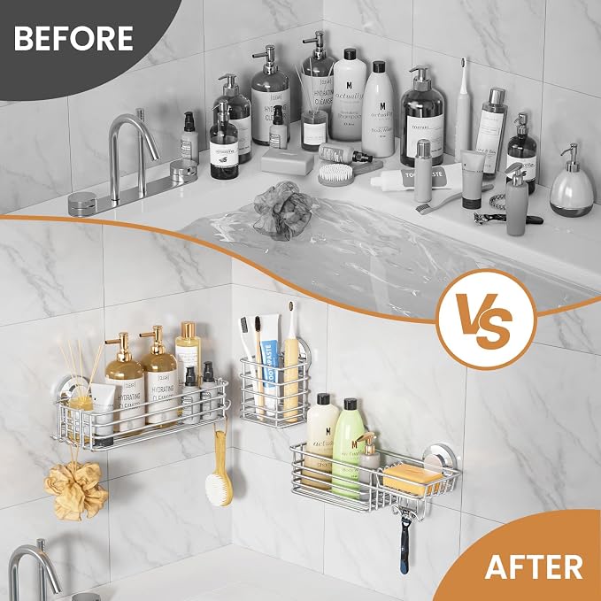 LEVERLOC Shower Caddy Suction Cup, 3 Pack Heavy Duty Shower Organizer | Silver Shower Caddies with Hooks, Soap Holder, Removable Bathroom Organizer, Rustproof Shower Storage, No Drill Shower Basket