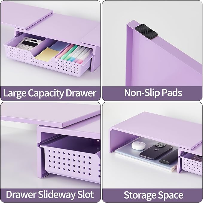 LEKETREE Dual Monitor Stand Riser with Drawer, Desk Organizer and Accessories, Metal Laptop Stand for Desk, Workspace Desktop Stand for Computer, Laptop, TV and More (Purple)