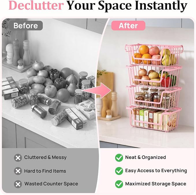SUNALLY Stackable Storage Bins 6 Pcs Wire Baskets Freezer Organizer, Pink | Pantry Organizers Storage, Vegetable Fruit Storage Basket for Countertop, Kitchen Baskets for Onion Potato Snack Cans Storage