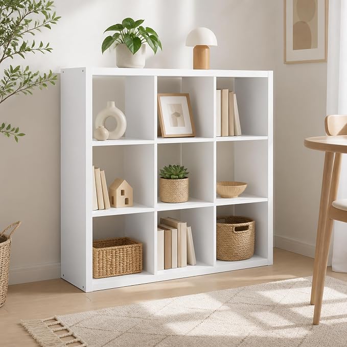 9-Cube Cubicle Bookshelf, Cube Bookcase with Open Back, Reversible Book Shelf, Cube Storage Organizer, 15 x 44 x 44, for Living Room, Home Office, White