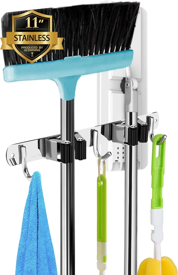 AceMining Broom Holder Wall Mount, 2 Racks 3 Hooks Heavy Duty Mop Organizer | Mop Holder Wall Mount and Broom Hanger for Garage, Laundry Room, Kitchen and Utility Storage