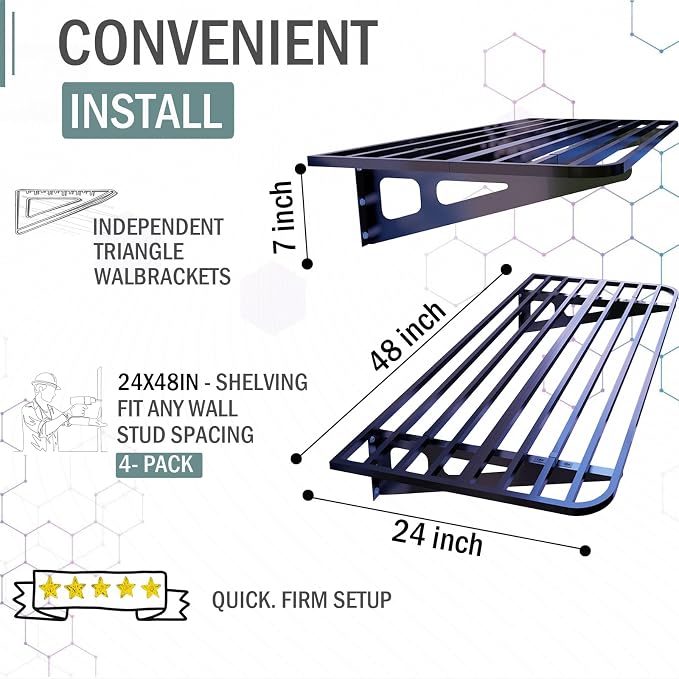 ZoffyFabrizio Garage Shelving Wall Mounted, 2-Pack 2x8ft Garages Shelving 24-inch-by-96-inch Wall Shelf Garage Storage Rack Floating Shelves, Space-Saving Black