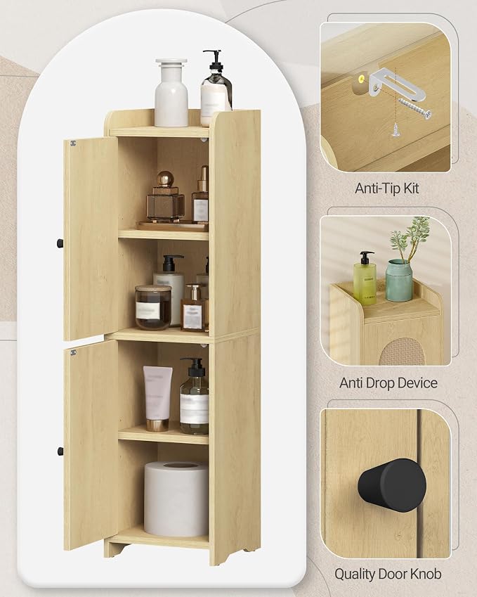 Hzuaneri Bathroom Storage Cabinet, Small Corner Floor Cabinet with 2 Doors | Narrow Toilet Paper Cabinets with Adjustable Shelf, Bathroom Organizer for Small Spaces, 7.9"D x 7.9"W x 29.5"H Rattan Yellow