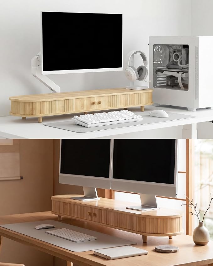 Bamboo Dual Monitor Stand with Storage, 42 Inch Desk Shelf Riser | Curved Double Computer Laptop Stand Desk Shelf Organizer with Sliding Doors for 55-72 Inch Desk
