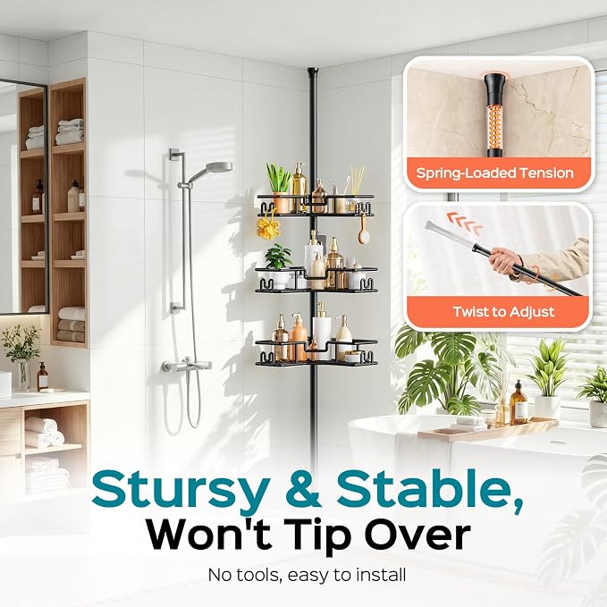 HAMITOR Shower Caddy Tension Pole: 4-Tier Adjustable Corner Organizer Black | Heavy Duty Rustproof L-Shaped Shelves- No Drilling Space-Saving Storage Rack for Family & Renters- 47.72-123.6 inch
