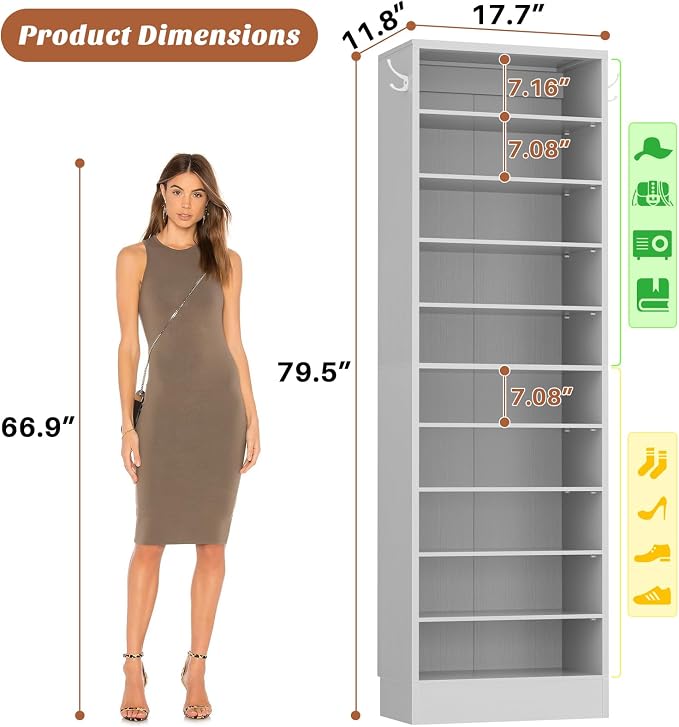 Aheaplus Tall Shoe Cabinet, 10 Tiers Narrow Wood Shoe Rack, Shoe Storage Organizer with Open Storage, Vertical Shoe Shelf Tower for 20-22 Pairs, Space Saving, for Closet, Entryway, Bedroom, Grey