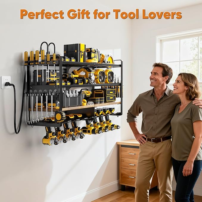 POKIPO Large Power Tool Organizer Wall Mount with 8-Outlet Charging Station, 600lbs Capacity Garage Storage Rack for 8 Cordless Drills Holder, Heavy Duty Metal 4-Layer Battery Utility Rack