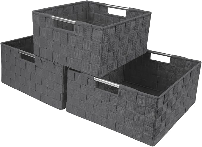 Sorbus Storage Box Woven Basket Bin Container Tote Cube Organizer Set Stackable Storage Basket Woven Strap Shelf Organizer Built-in Carry Handles (Gray)