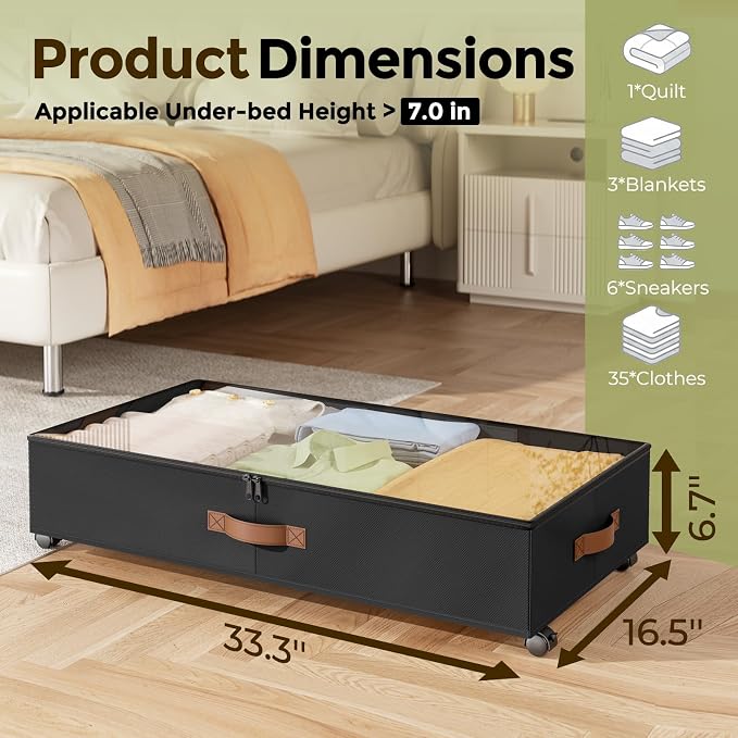 LAMU Under Bed Storage with Wheels, 2 Pack Under Bed Storage Containers with Clear Lids & Label, Rolling Under Bed Drawers for Clothes, Shoes, Blankets, Black
