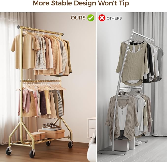 HYSEYY Heavy Duty Clothes Rack, Double Rod Clothing Rack for Hanging Clothes, Rolling Garment Rack, Adjustable Freestanding Wardrobe Closet Coat Rack for Bedroom Laundry Living Room, Gold