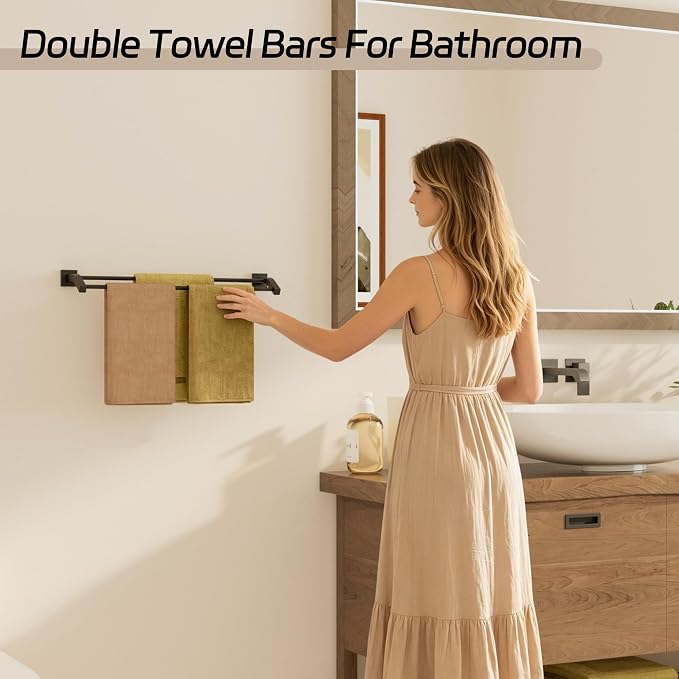 Alise Double Towel Bar,24" Towel Rack for Bathroom Wall Mounted,Matte Black | SUS304 Stainless Steel Bathroom Towel Holder, Quick Drying Towel Hanger Towel Rod, Useable Length 22.9"