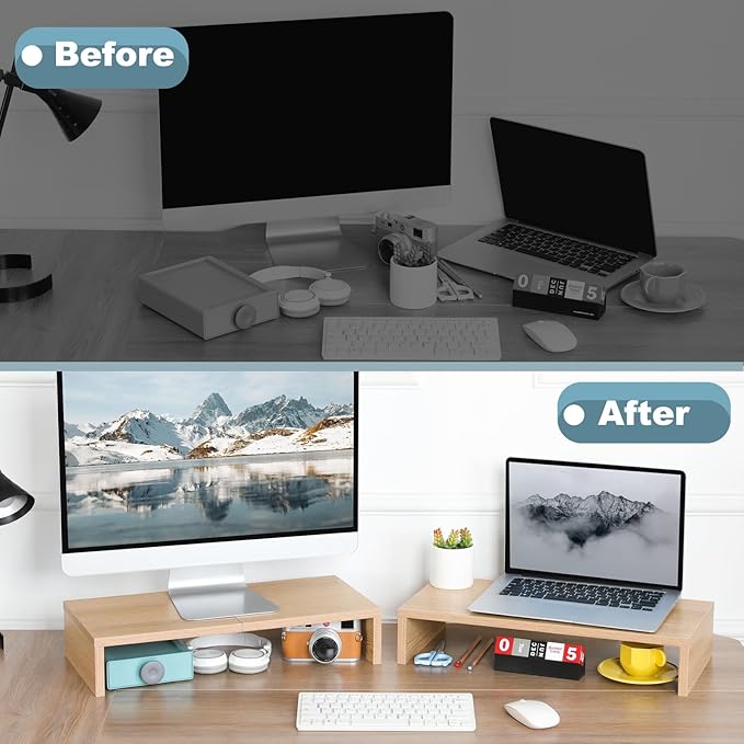 TEAMIX 2-Pack Monitor Stand Riser 20 inch, Wood Desk Computer Shelf, Maple | For 2 Monitors, Laptop, Printer, TV, PC, Keyboard Storage, Space-Saving, Ergonomic, Organizer for Home Office Gaming Vanity