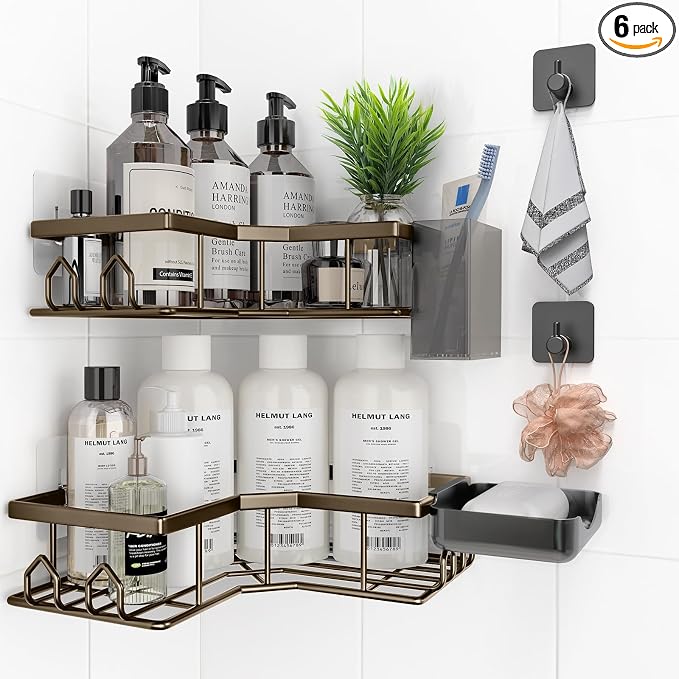 Adhesive Shower Caddy, 6 Pack Corner Bath Organizer, Rustproof Stainless Steel Shower Shelves with Large Capacity, No Drilling Shelves for Bathroom Storage, Home, Kitchen Decor (Brown).