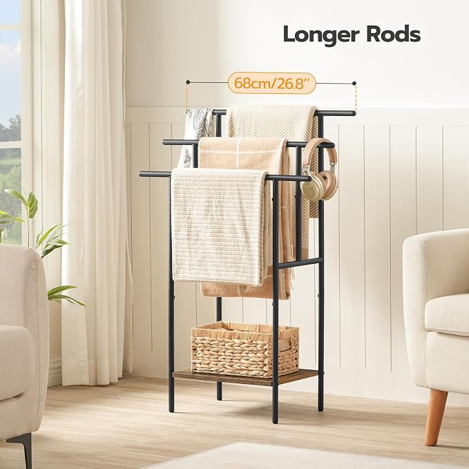 HOOBRO 39.4" Tall Freestanding Towel Rack for Bathroom, 3 Tier Stepped Blanket Rack with Shelf, Oversized Bath Towels Drying and Display Rack, Black and Rustic Brown BF50LB01