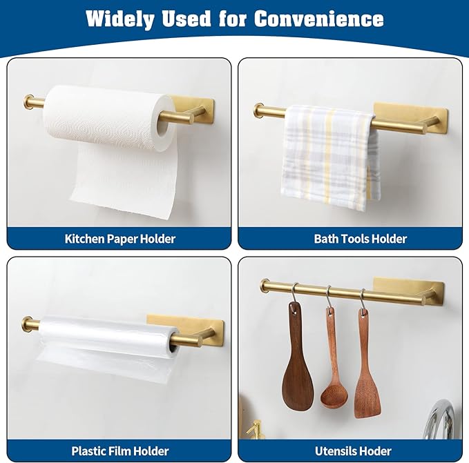 theaoo Under Cabinet Paper Towel Holder for Kitchen, Adhesive, Gold | Wall Mounted Paper Towel Roll Rack for Bathroom or Kitchen, SUS304 Stainless Steel, Self-Adhesive or Screw Installation