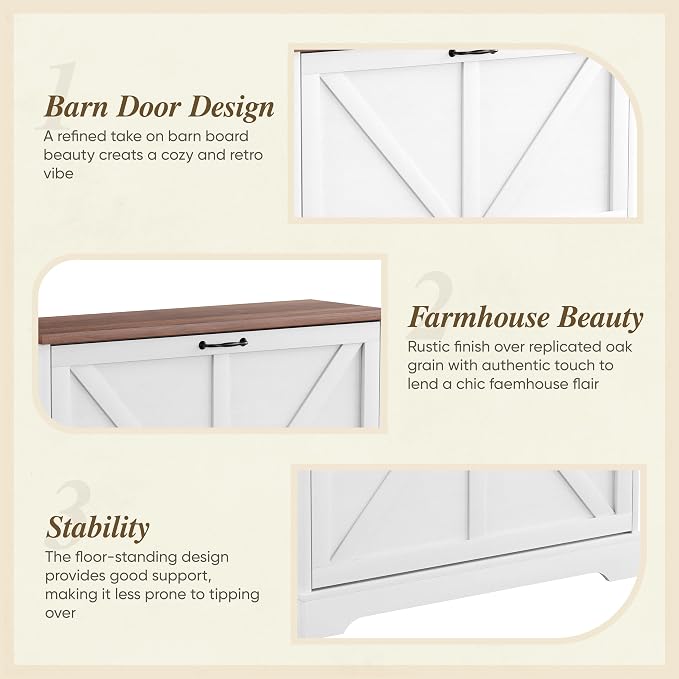 Semiocthome Farmhouse Shoe Storage Cabinet with 2 Flip Drawers, 31.5"(W) Freestanding Shoe Organizer with Barn Door and Metal Handles for Entryway, Rustic Narrow Slim Shoe Rack Cabinet - White