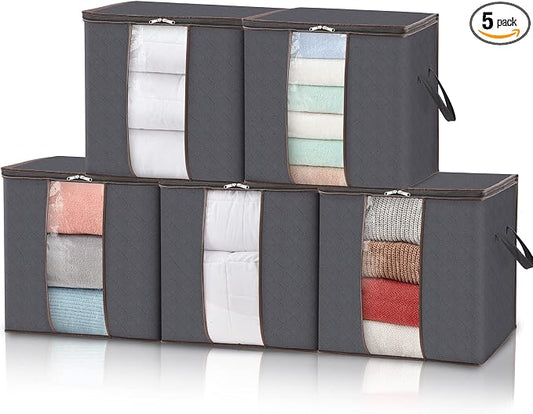 Lifewit 90L Extra Large Blanket Storage Bags, Foldable Comforter Storage with Reinforced Handles, Clothes Storage Containers for King Comforter, Bedding, Pillow, Sheet, Storage Bin with Lids 5 Pack
