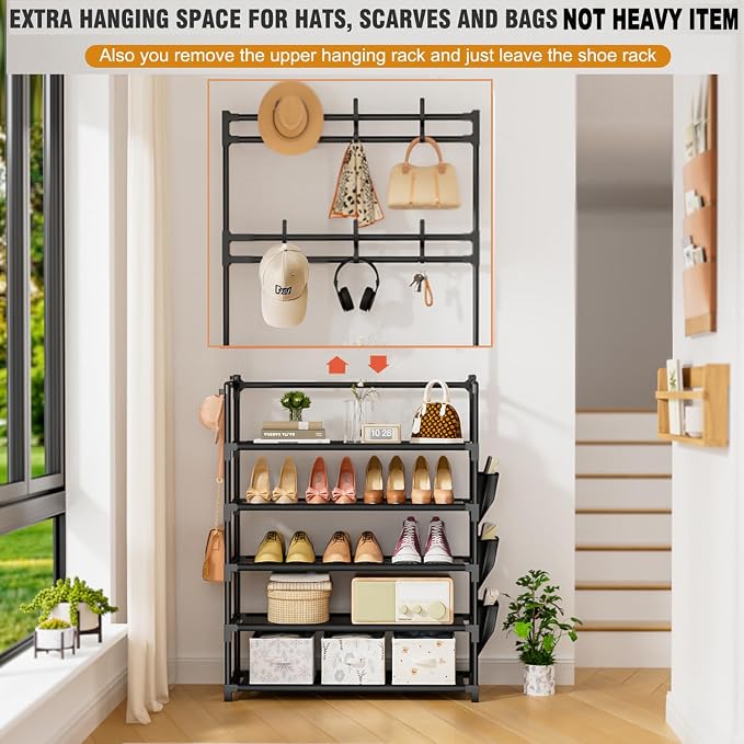 Shoe Rack 5 Tier Shoe Organizer Storage 15-20 Pairs for Closet Entrance | Stackable & Detachable Shelf with Hooks and Side Pocket Entryway Shoe Holder Space Saving Closet Organizers and Storage