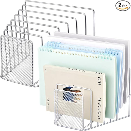 2 Pcs 7 Section Wire File Organizer for Desk, Metal Mesh Incline File Holder, Letter & Magazine Folder Rack, Desktop Paper Sorter for Home Office Back to School (Silver)