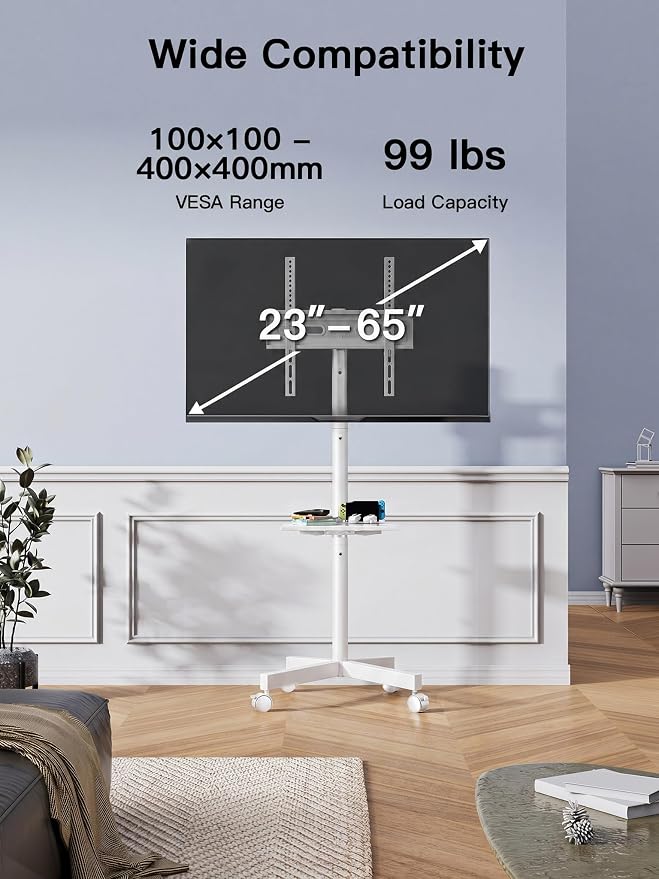 PERLESMITH Rolling White TV Stand for 23–65 Inch TVs up to 99 lbs, Portable TV Stand on Wheels with Height Adjustable Shelf, Outdoor Mobile White TV Cart for Bedroom, Max VESA 400x400mm, PSTVMC04W