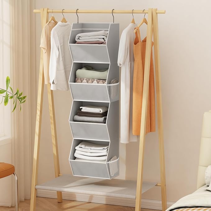Wawocs 4 Shelf Hanging Closet Organizers and Storage for Kids 2 Packs, Grey | Hanging Shelves for Closet Organization, Hanging Closet Storage for Wardrobe Organizer, Closet Hanging Organizer for Bedroom