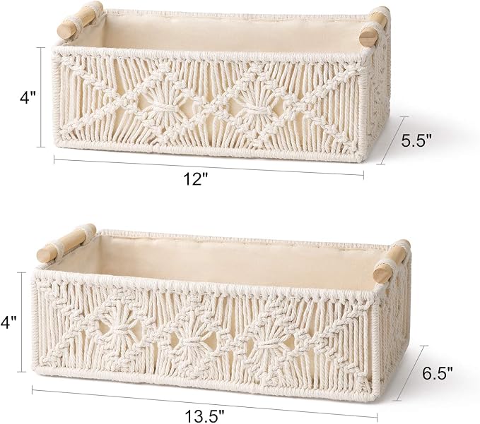 Mkono 2Pc Macrame Storage Baskets, Boho Bathroom Toilet Paper Holder, Ivory | Small Baskets for Organizing, Hand-Woven, Bohemian Beach Coastal Decor, Shelf Vanity Cabinet Bedroom Living Room Office Dorm