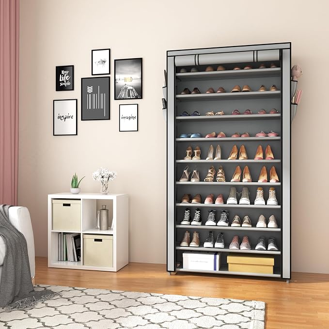 ROJASOP Shoe Rack with Covers, Stackable 10 Tier Tall Shoe Shelf Storage 50-55 Pairs Shoes and Boots Large Capacity Vertical Shoe Rack Organizer for Closet Entryway Garage Bedroom, Grey