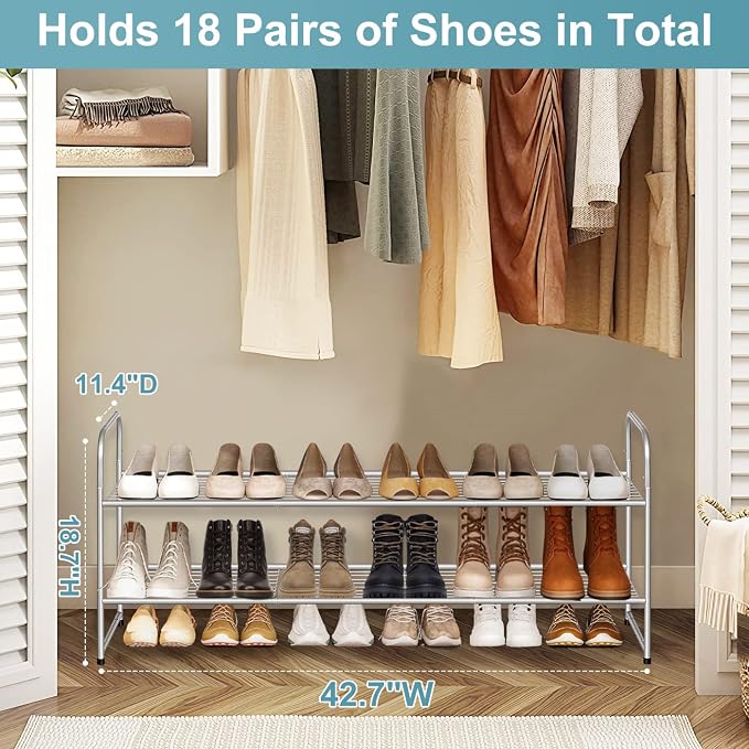 AOODA 2 Tier Long Metal Shoe Rack for Closet Wide Stackable Shoe Storage Organizer 18-Pairs Low Small Sneaker Rack for Entryway, Bedroom, Garage, Grey