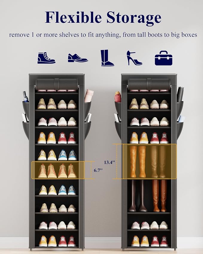 Kitsure 10-Tier Shoe Rack with Cover, Vertical Shelf, 17.5" Wide, Black | Space Saving Shoe Storage with Side Pocket, Shoe Organizer for Closet, Entryway, Bedroom, Zapateras Organizer