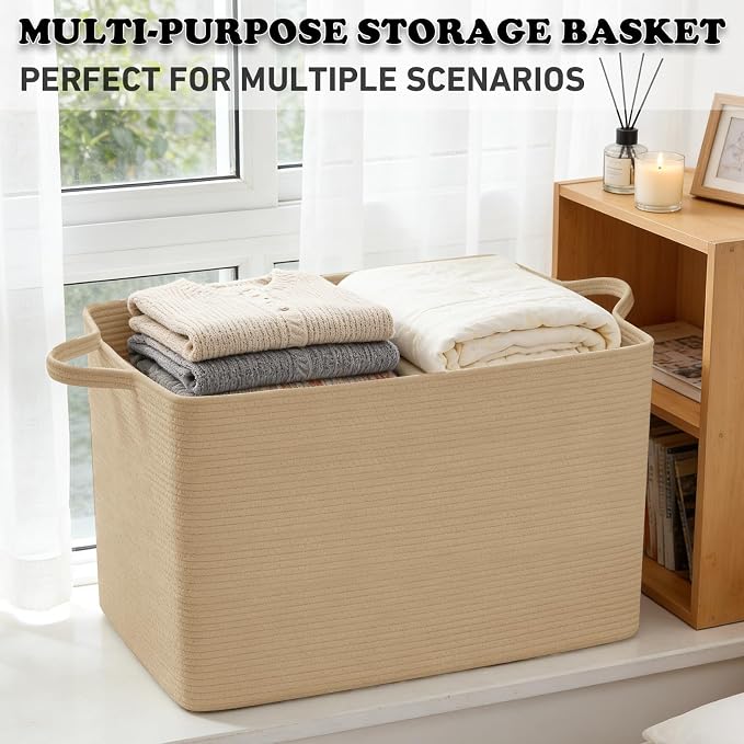 96L Extra Large Cotton Rope Laundry Basket with Sturdy Handles | 24x16x15 Foldable Rectangular Blanket Basket for Toys, Clothes & Pillows,Ideal for Nursery, Bathroom, Bedroom, Living Room