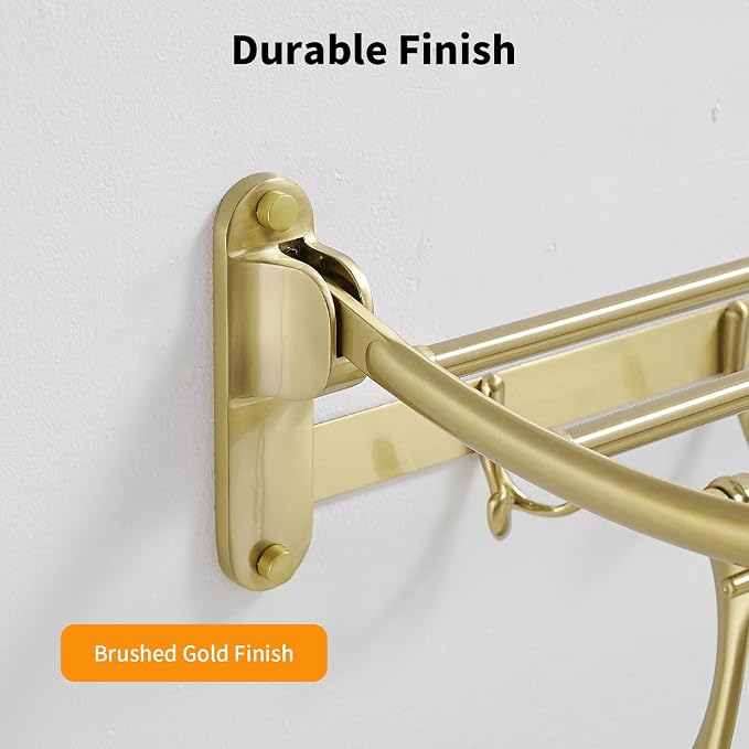 24 Inch Brushed Gold Towel Racks, Bathroom Towel Shelf with Foldable Towel Bar Holder and Towel Hooks, Wall Mounted Multifunctional Bathroom Accessories, Double Towel Bars