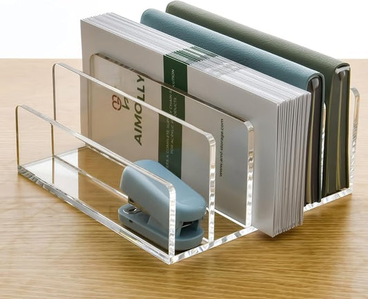 5 Compartments Clear Acrylic Mail Holder – Vertical Letter Sorter & Multifunction Desk Organizer for Bills, Documents, Notebooks – Modern Office/Home Envelope File Rack