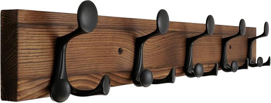 WEBI Coat Rack Wall Mount,30" Solid Wood Coat Hooks Wall Mounted Coat Hanger,16" Hole to Hole,Heavy Duty Hook Rack,5 Triple Hooks for Hanging Coats,Jacket,Hat,Backpack,Farmhouse,Brown
