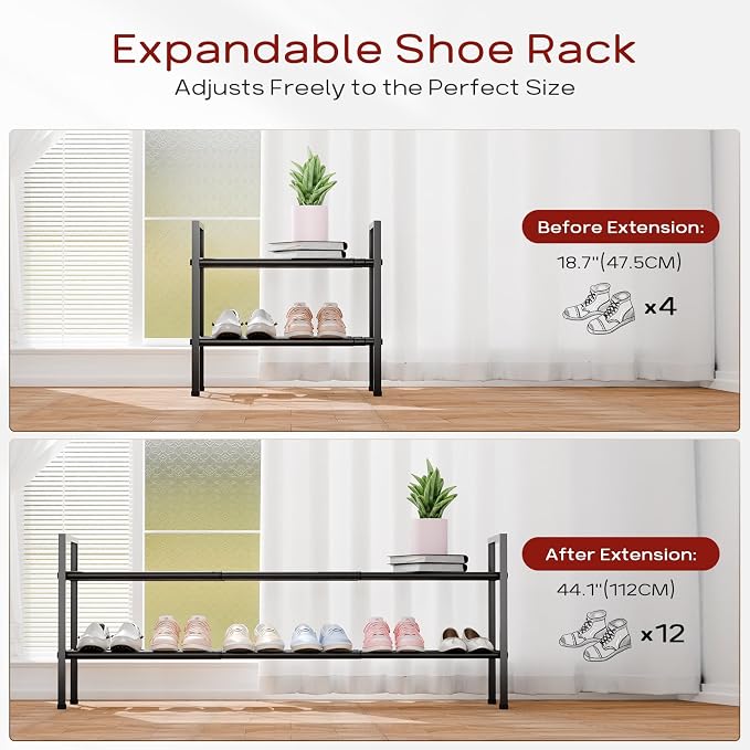 Bumusty 2 Tier Long Expandable Shoe Rack for Closet, Black | 18"-44" Adjustable Shoe Rack for Entryway, Shoe Organizer for Dorm, Front Door, Sturdy Metal