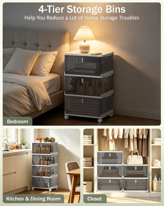 23QT Stackable Storage Bins with Lids and Wheels, 4 Tier 92QT Foldable Plastic Storage Drawers with Magnetic Doors, 4 Pack Collapsible Closet Organizer for Bedroom Office, Clear Gray