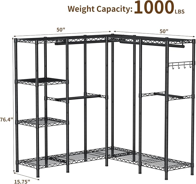 Golpart Heavy Duty Clothes Rack Metal Wardrobe with Adjustable Wire Shelves | Closet Organizers and Storage Clothing Rack Metal System Freestanding Hanging Clothes System Free Standing Garment Coat Racks