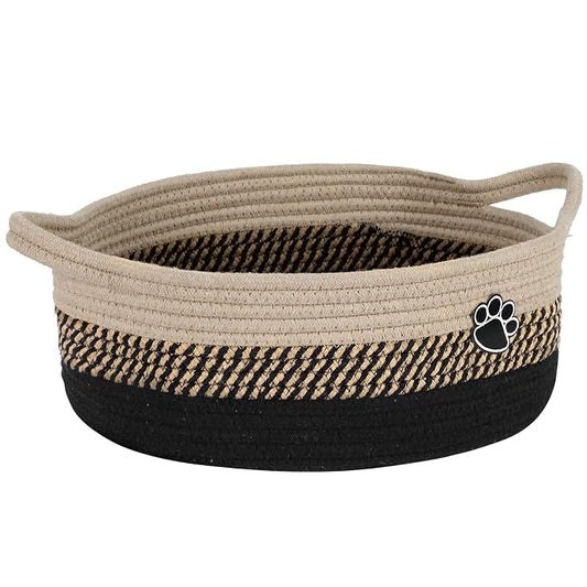 Optish Dog Toy Basket, Toy Box and Bin for Dog Cat Storage, 13.5" X 11" X 5" Small Woven Rope Basket for Baby Storage, Closet, Living Room, Brown & Black
