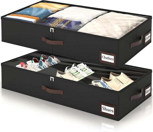 OIAHOMY 2 Pack 53L Under Bed Storage with Adjustable Dividers, 6" Low Profile Underbed Storage Bins for Comforters & Clothes, Save Closet Space with Clear View Lid & Reinforced Handles, Black