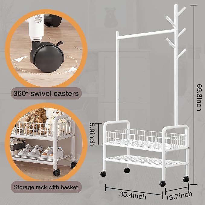 MYUPDALIN Clothes Rack with Shelves, Clothing Rack with Wheels, Multifunctional Hangers with Storage Baskets and Shoe Racks, Ideal for Bedrooms and Living Rooms (White, Bold 90cm/35in)