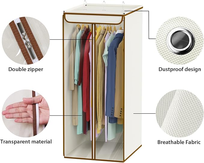 Univivi Garment Bags for Hanging Clothes, Cloth Bag 40 In, 1 PCS, Beige | Large Capacity, Easy Assembly, Clear Window, Dustproof, Durable Zipper, Hanging Garment Storage Bag for Suit, Coat, Dress
