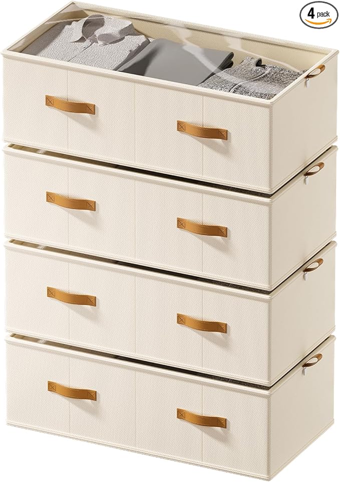 FHSQX 4 Pack Under Bed Storage Bins,10 Inch Tall,Beige, 31.5x15.8x10 inch | Clear Window, For Closet, Bed Sheets and Blankets