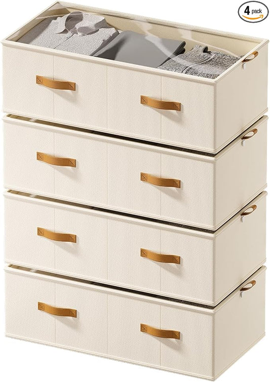 FHSQX 4 Pack Under Bed Storage Bins,10 Inch Tall,Beige, 31.5x15.8x10 inch | Clear Window, For Closet, Bed Sheets and Blankets