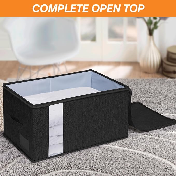 punemi 60L Blanket Storage Bags with Side & Bottom Support, 2 Pack, Black | Clear Window & Reinforced Handles, for Clothes,Pillow,Bedding & Comforter, Bedroom & Closet Organization