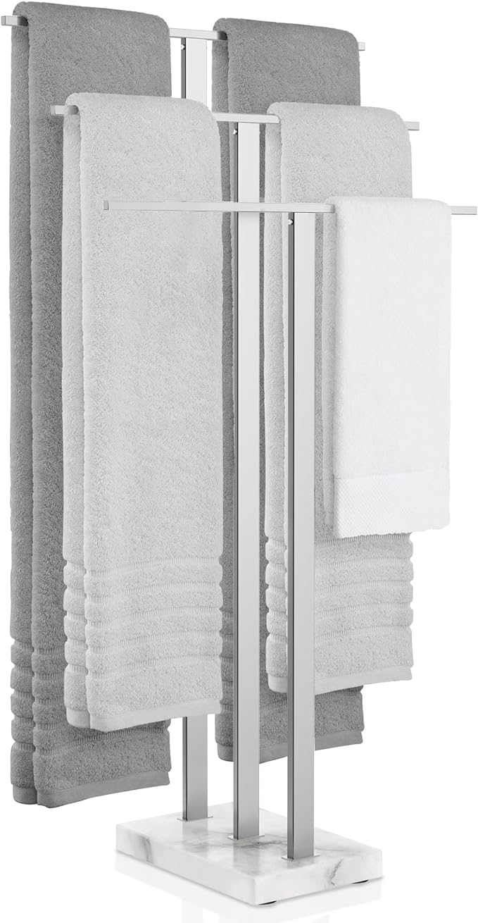 KES Heavy Marble Base Standing Towel Rack, 3-Tier Stainless Steel, Polished | Freestanding Design, No-Drill Assembly, Tiered Bars For Bath Sheets, Bath Towels, Hand Towels, Anti-Slip Pads
